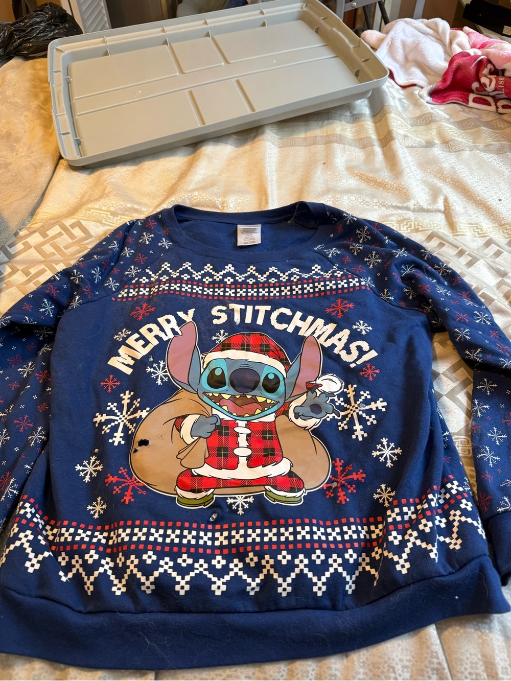 Disney Blue "Merry Stitchmas" Holiday Sweatshirt with Red Plaid